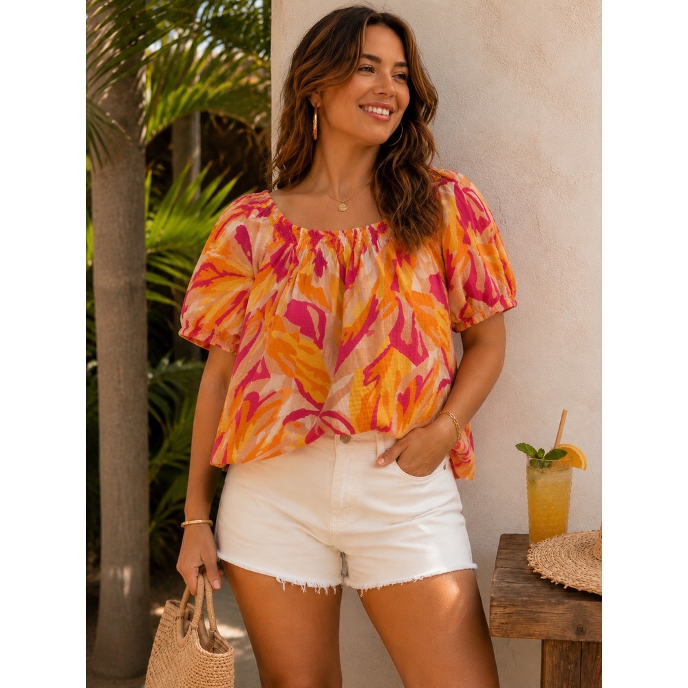 Tropical 100% Cotton Gauze Puff Sleeve Resort Vacation Summer Blouse Top Sz XL